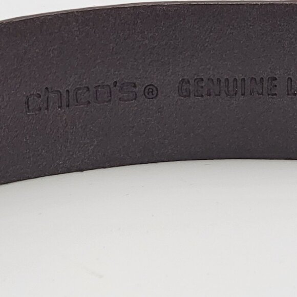 Chicos Brown Adjustable Leather Belt With Textured Silver & Gold Tone Metal Buck - Picture 14 of 16